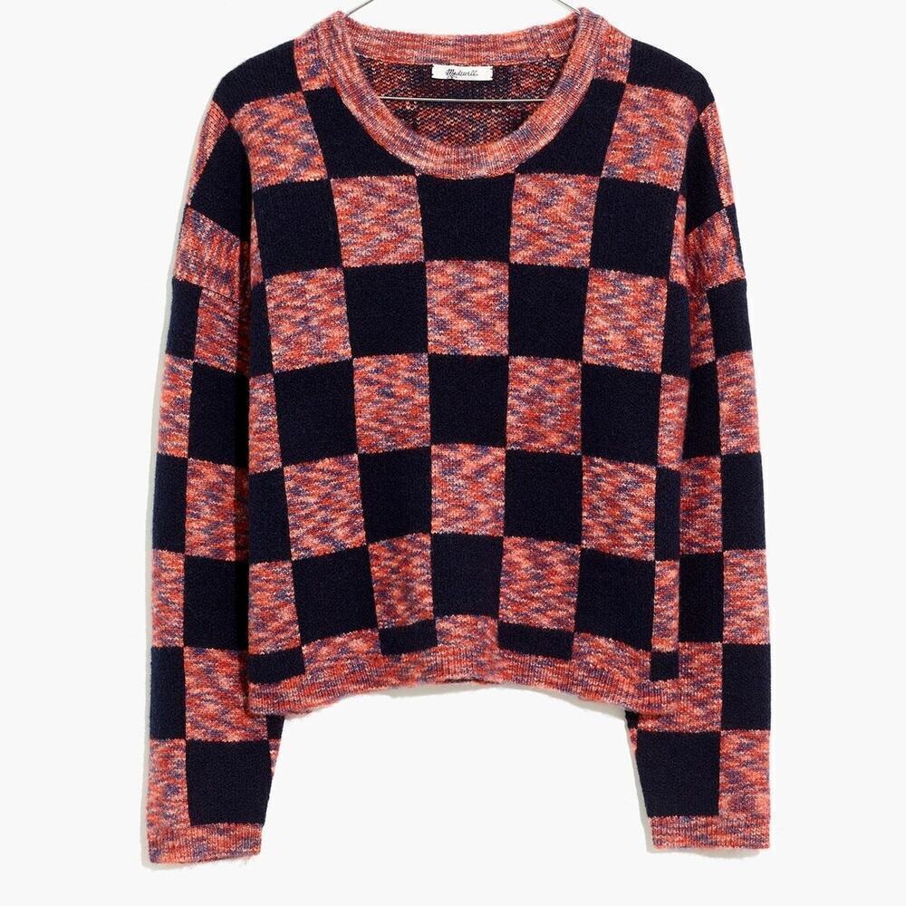Madewell Checkered Boxy Cropped Sweater Navy Pink Size Large NWT